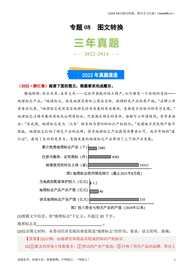 【三真】专题08图文转换3年（20222024）高考1年模拟语文真题分类汇编（全国通用）-I LOVE 9 8 5