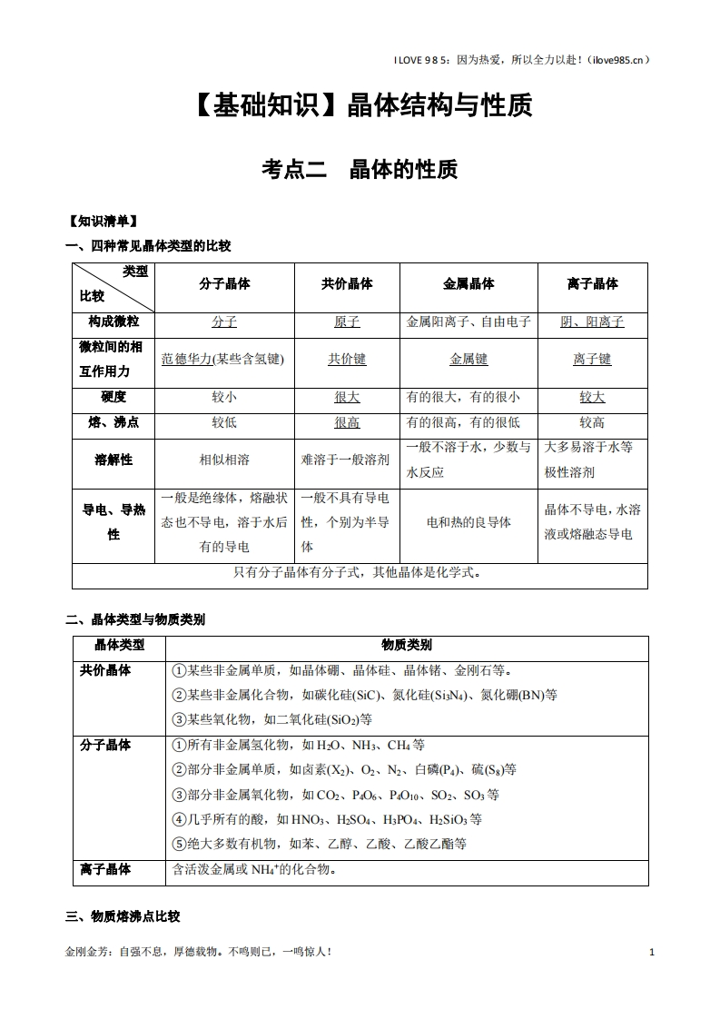 【基础知识】03考点二晶体的性质（教师版）ILOVE985因为热爱，所以全力以赴！-I LOVE 9 8 5