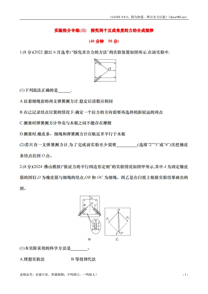 【实验抢分专练】专练三：探究两个互成角度的力的合成规律（含解析）-I LOVE 9 8 5