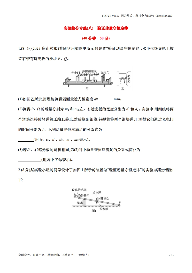 【实验抢分专练】专练八：验证动量守恒定律（含解析）-I LOVE 9 8 5