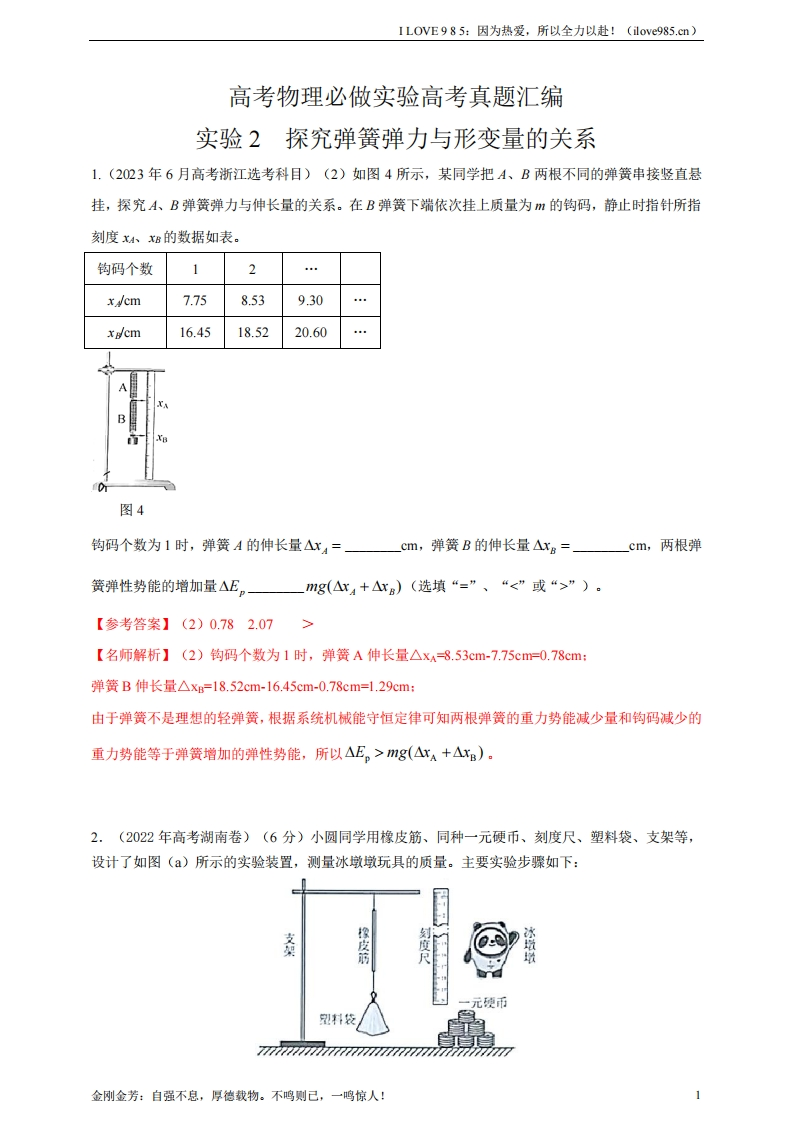 【实验真题汇编】实验2探究弹簧弹力与形变量的关系高考物理真题汇编（含解析）ILOVE985因为热爱，所以全力以赴！-I LOVE 9 8 5
