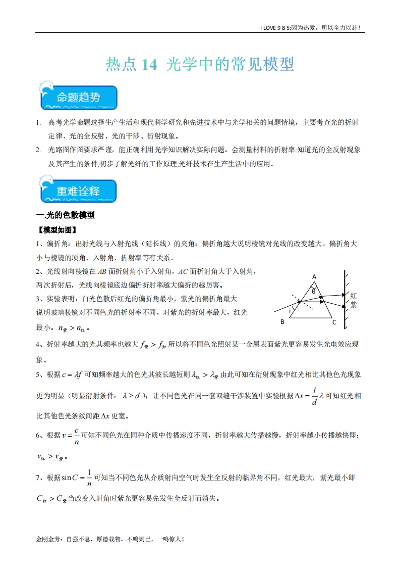 【热点专题】热点14光学中的常见模型-I LOVE 9 8 5