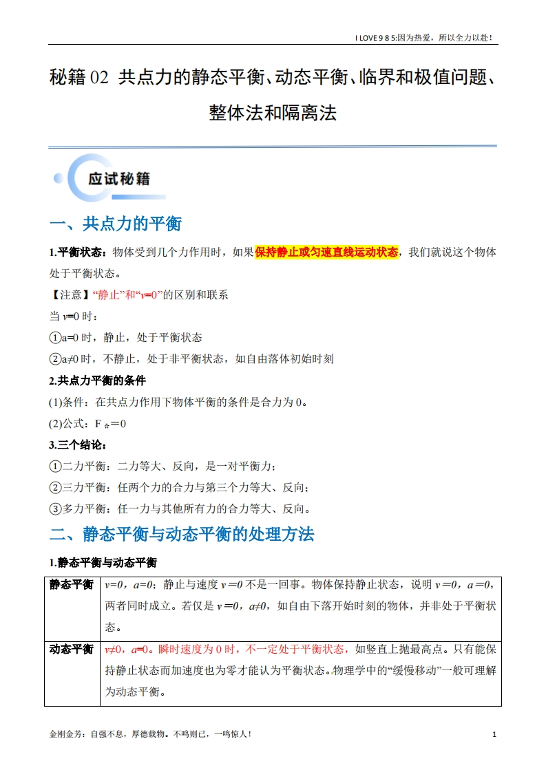 【物理秘籍】秘籍02共点力的静态平衡、动态平衡、临界和极值问题、整体法和隔离法-I LOVE 9 8 5