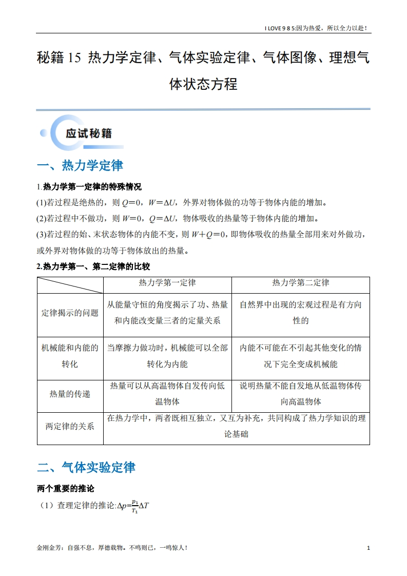 【物理秘籍】秘籍15热力学定律、气体实验定律、气体图像、理想气体状态方程的综合应用-I LOVE 9 8 5