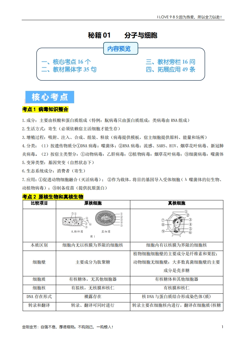 【生物秘籍】秘籍01分子与细胞必备梳理（核心考点教材黑体字教材旁栏拓展应用）备战2025年高考生物抢分秘籍（新高考专用）ilove985.cn-I LOVE 9 8 5