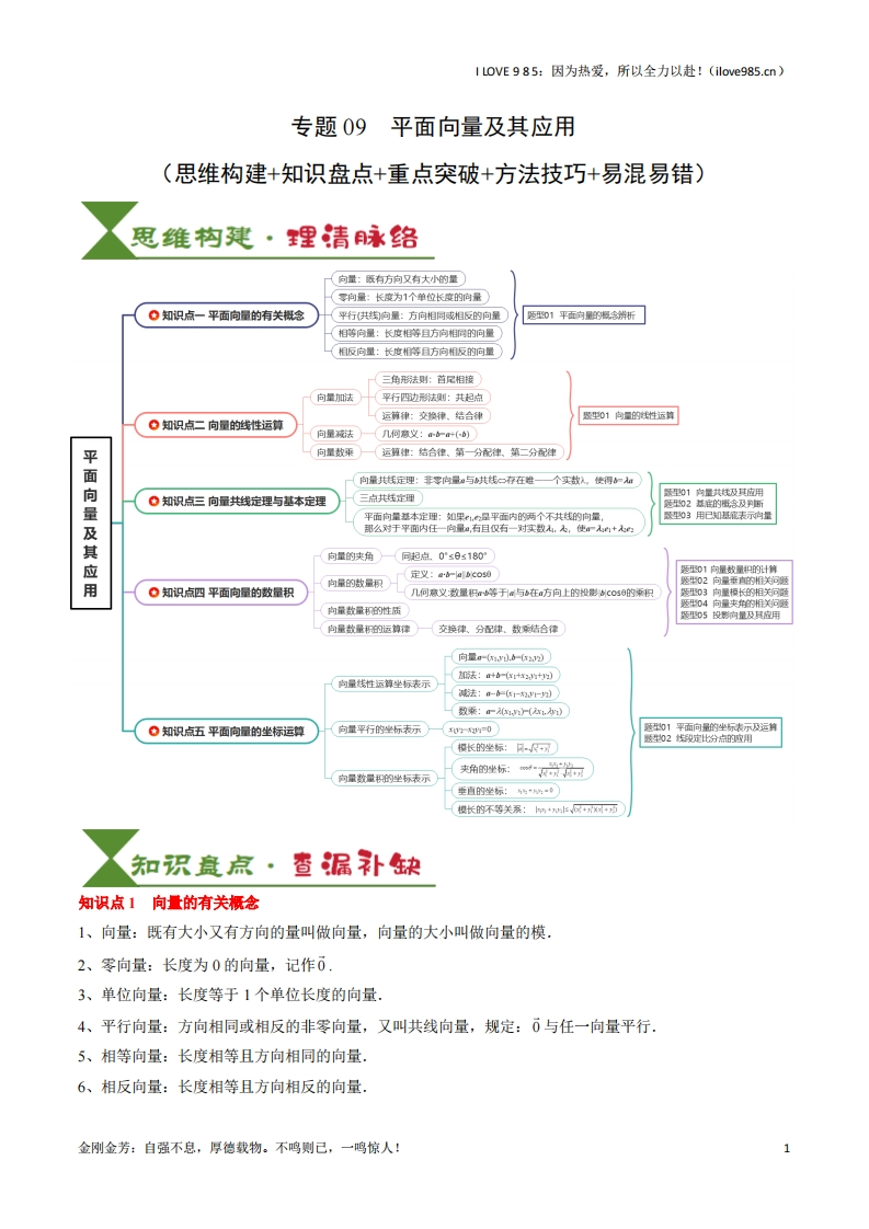【知识清单】专题09平面向量及其应用（5知识点4重难点8方法技巧6易错易混）（解析版）ILOVE985：因为热爱，所以全力以赴！-I LOVE 9 8 5