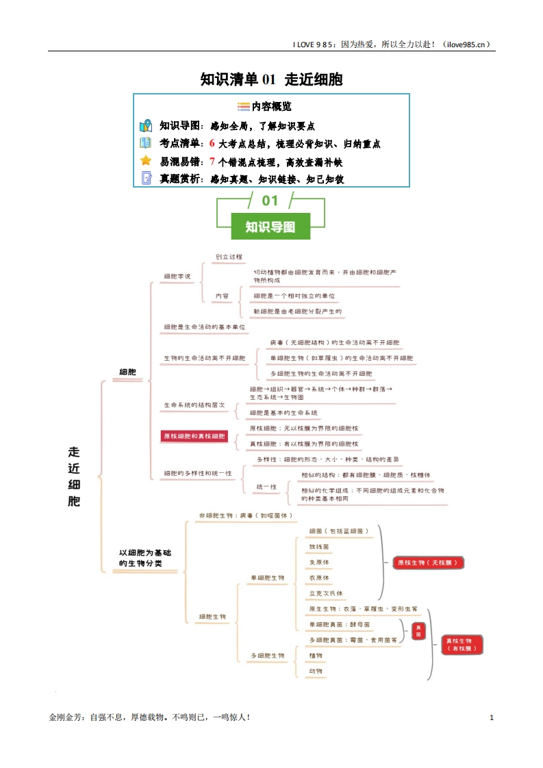 【知识清单】知识清单01走近细胞（6大考点7个易错点）2025年高考生物一轮复习知识清单ILOVE985：因为热爱，所以全力以赴！-I LOVE 9 8 5