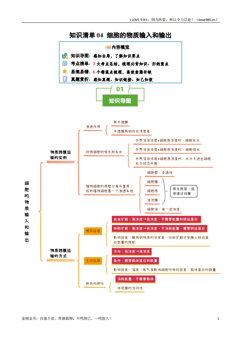 【知识清单】知识清单04细胞的物质输入和输出（3大考点6个易错点）2025年高考生物一轮复习知识清单ILOVE985：因为热爱，所以全力以赴！-I LOVE 9 8 5