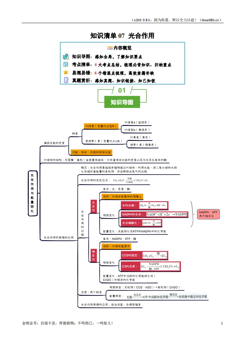 【知识清单】知识清单07光合作用（4大考点6个易错点）-I LOVE 9 8 5