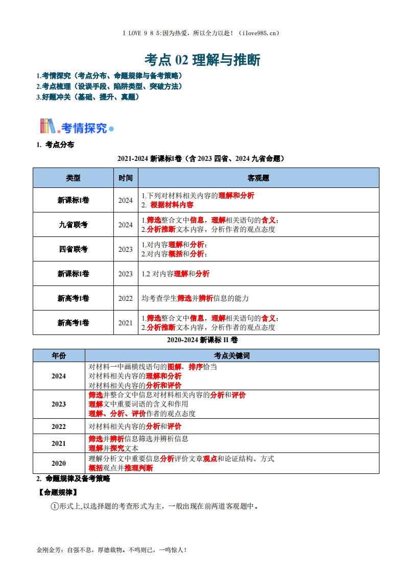 【考点帮】考点02理解与推断-I LOVE 9 8 5
