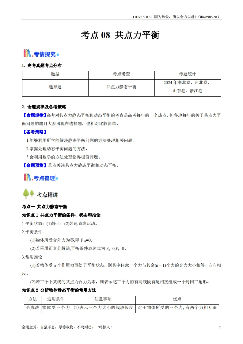 【考点帮】考点08共点力平衡（核心考点精讲精练）-I LOVE 9 8 5