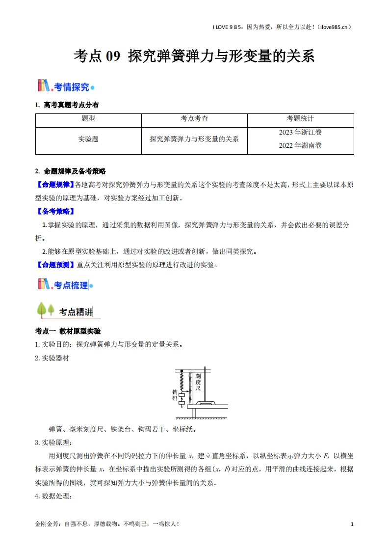 【考点帮】考点09探究弹簧弹力与形变量的关系（核心考点精讲精练）-I LOVE 9 8 5