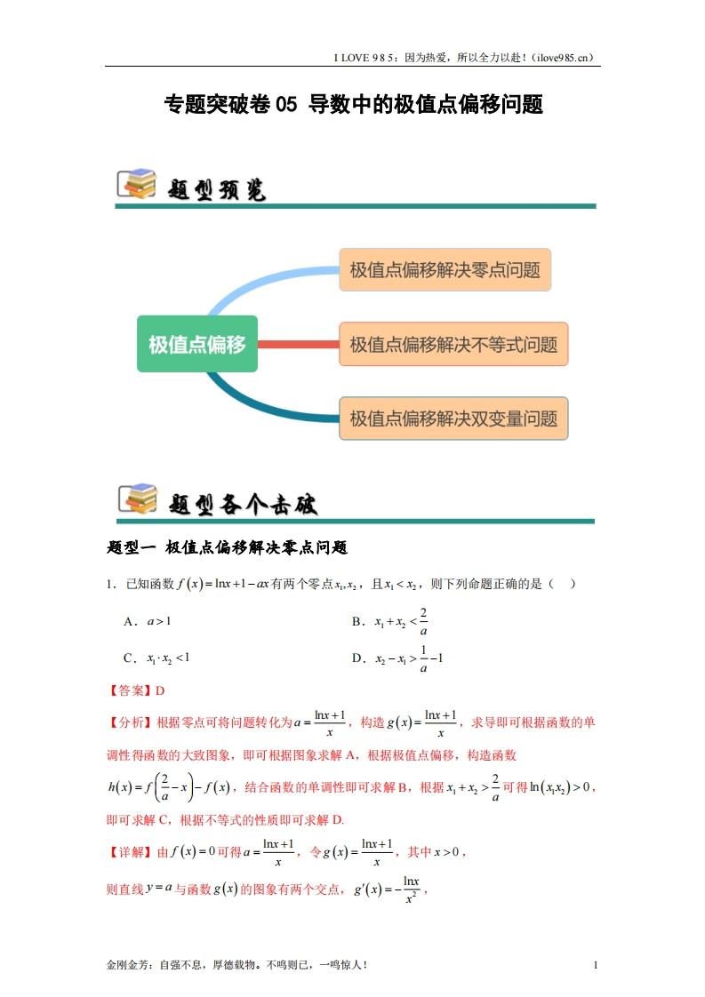 【考点通关卷】专题突破卷05导数中的极值点偏移问题-I LOVE 9 8 5