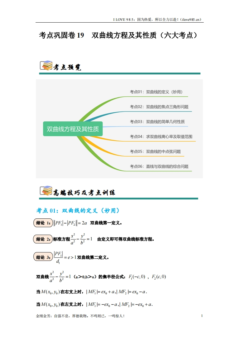 【考点通关卷】考点巩固卷19双曲线方程及其性质（六大考点）-I LOVE 9 8 5