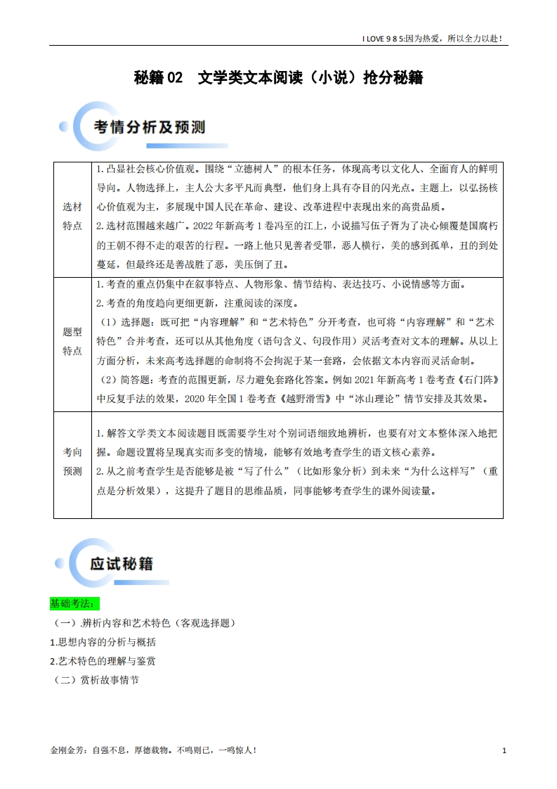 【语文秘籍】秘籍02文学类文本阅读解题（新高考专用）-I LOVE 9 8 5