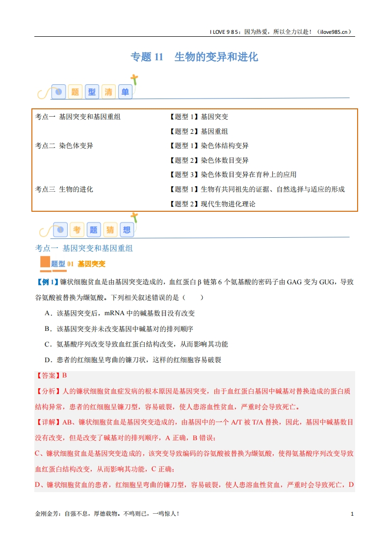 【题型全覆盖】专题11生物的变异和进化（7大题型）-I LOVE 9 8 5