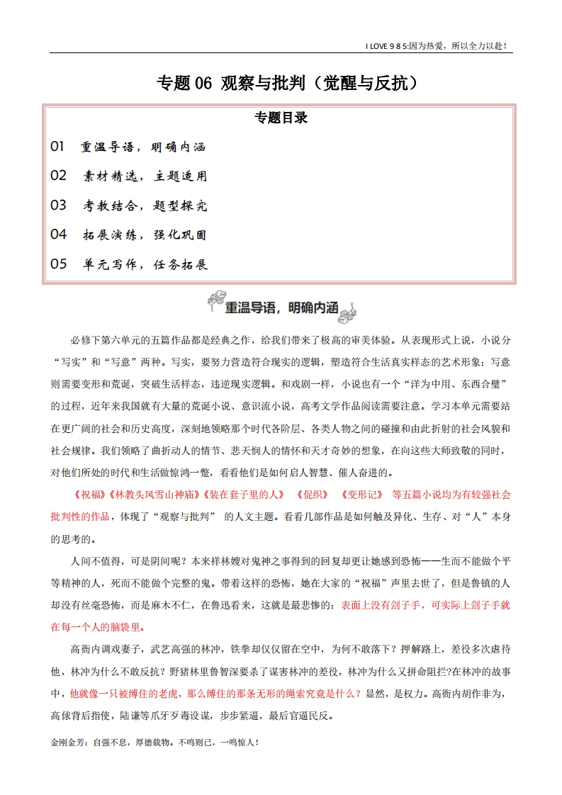 【高考作文】专题06观察与批判（觉醒与反抗尝试写小说）-I LOVE 9 8 5